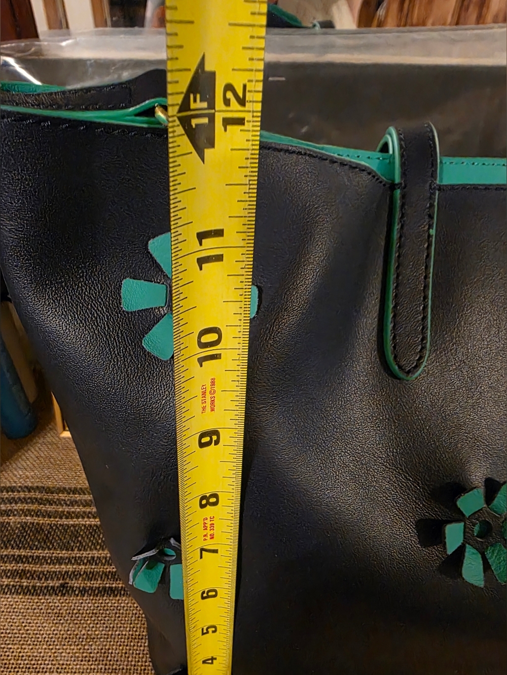 TALBOTS Navy Leather Tote Bag with Teal Floral Accents - Picture 5 of 6